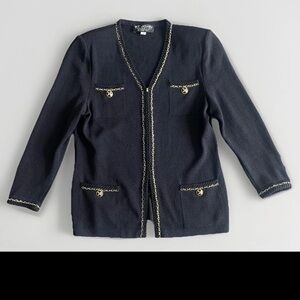 St. John Collection by Marie Gray heavy black knit sweater jacket gold accents